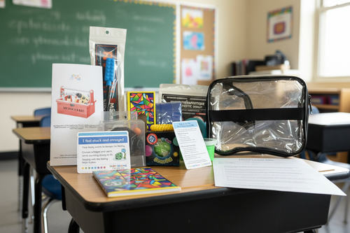 Busy Brains Coping Toolbox on a school desk